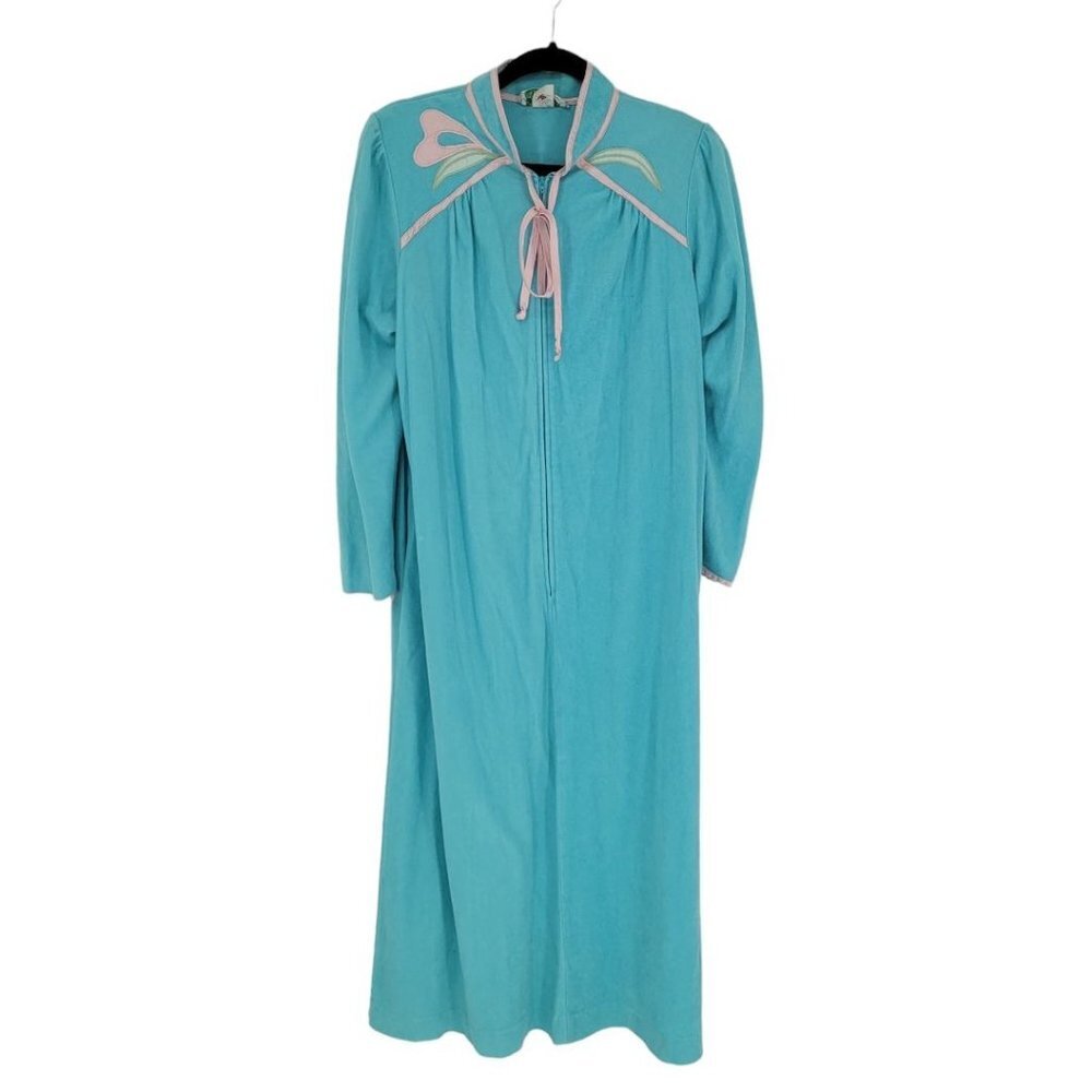 Violette womens medium Blue Vintage half zip long sleeve robe house dress USA